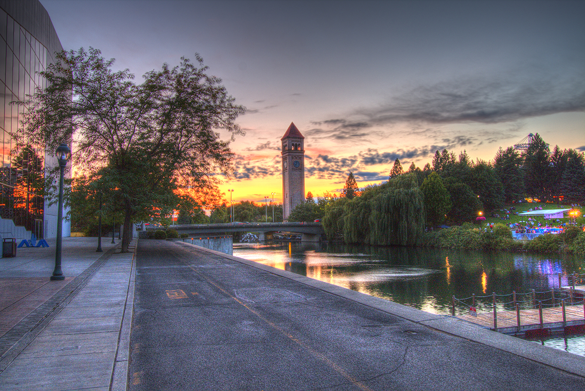 Spokane Riverfront Park and Spokane Clocktower at sunset